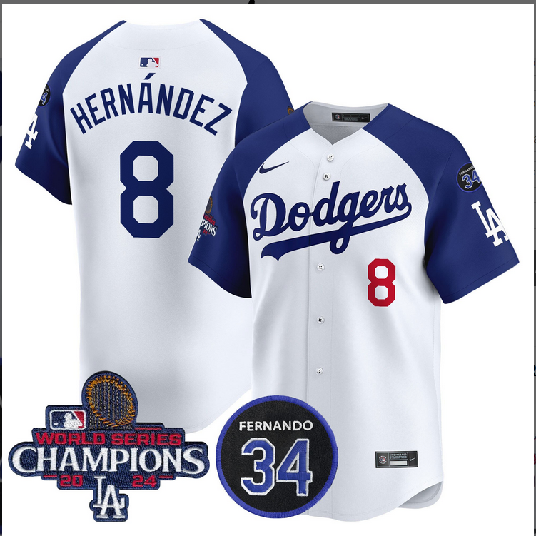 Men MLB Los Angeles Dodgers 8 Hernandez white 2024 World Series Champions Patch Limited Jersey